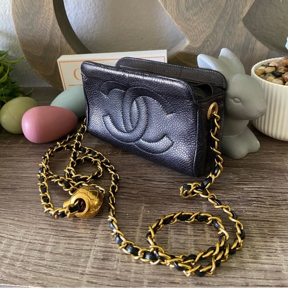 🇺🇸⚜️🖤 Chanel Micro Pouch Wallet on a Chain Pearl Crush Style Vintage WOC Revamp - Picture 1 of 13